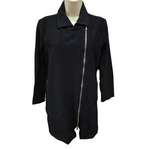 Eileen Fisher Washable Crepe Long Moto Jacket S Black Asymmetric Zip minimalist